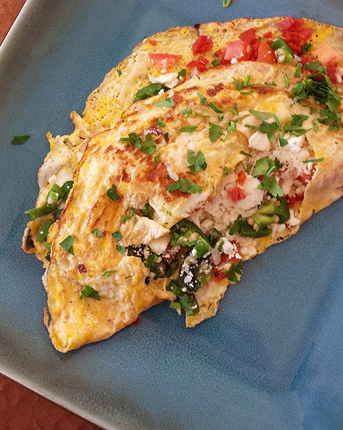 Omelets with Roasted Jalapeno Peppers, Pepperoni, Ham, Feta and Parmesan Cheese Recipe