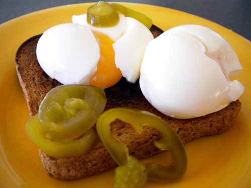 Spicy Soft Boiled Eggs with Toast and Jalapeno Peppers