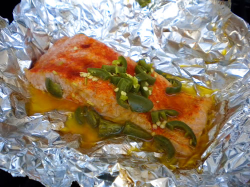 Spicy Grilled Salmon with Butter and Jalapeno Peppers
