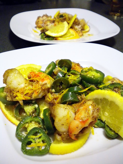 Jumbo shrimp baked with jalapeno peppers, seasoned with cinnamon and Cajun dust.