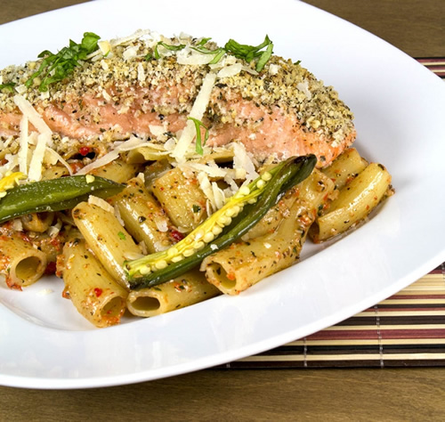 Pecan Encrusted Salmon with Sweet Pepper Pesto